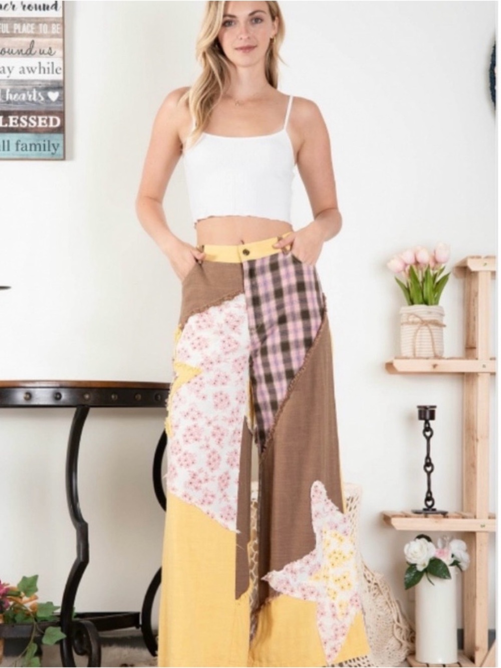 Blue Velvet Patchwork Wide-Leg Pants - Yellow, Brown & Pink; Size L